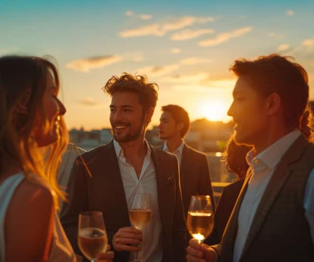 Auf dem Bild unterhalten sich mehrere elegant gekleidete Personen bei Sonnenuntergang auf einer Dachterrasse und halten dabei Gläser mit Weißwein in der Hand.