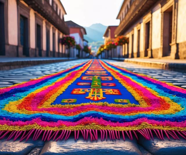 Auf dem Bild liegt ein farbenprächtiger, kunstvoll gestalteter Teppich aus bunten Materialien auf einer kopfsteingepflasterten Straße zwischen traditionellen Häusern.