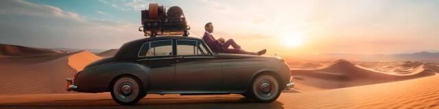 Ein Mann in elegantem Anzug lehnt entspannt auf der Motorhaube eines klassischen Autos in der Wüste. Auf dem Dach sind stilvoll alte Koffer und Ledergepäckstücke befestigt.