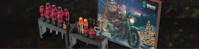 Auf dem Bild sind ein Wera-Werkzeugset mit Schraubendrehern und ein Adventskalender mit einer Weihnachtsillustration von Santa Claus auf einem Motorrad zu sehen.