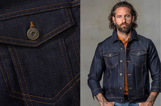 Links: Brusttasche einer Jeansjacke mit Knopf. Rechts: Ein Mann in dunkelblauer Jeansjacke.