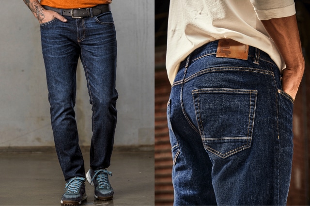 Links: Vorderansicht einer Jeans kombiniert mit einem Ledergürtel und blauen Sneakern. Rechts: Rückseite einer Jeans mit Fokus auf die Gesäßtaschen. 