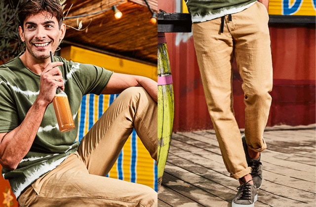 links: Lachender Mann mit Getränk in einem grünen Shirt und brauner Hose. rechts: Braune Leinenhose