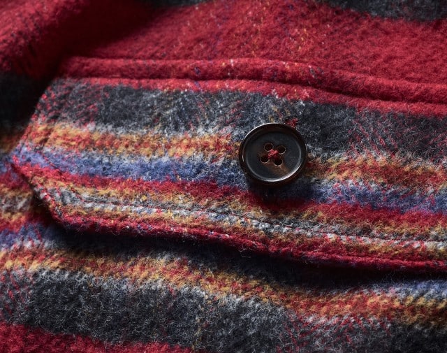 Auf dem Bild ist eine Nahaufnahme eines mehrfarbig karierten, wolligen Stoffes in Rot‑, Blau‑, Gelb‑ und Grautönen zu sehen, mit einer Knopfleiste und einem dunklen Knopf. Auf dem Bild ist eine Nahaufnahme eines mehrfarbig karierten, wolligen Stoffes in Rot‑, Blau‑, Gelb‑ und Grautönen zu sehen, mit einer Knopfleiste und einem dunklen Knopf.