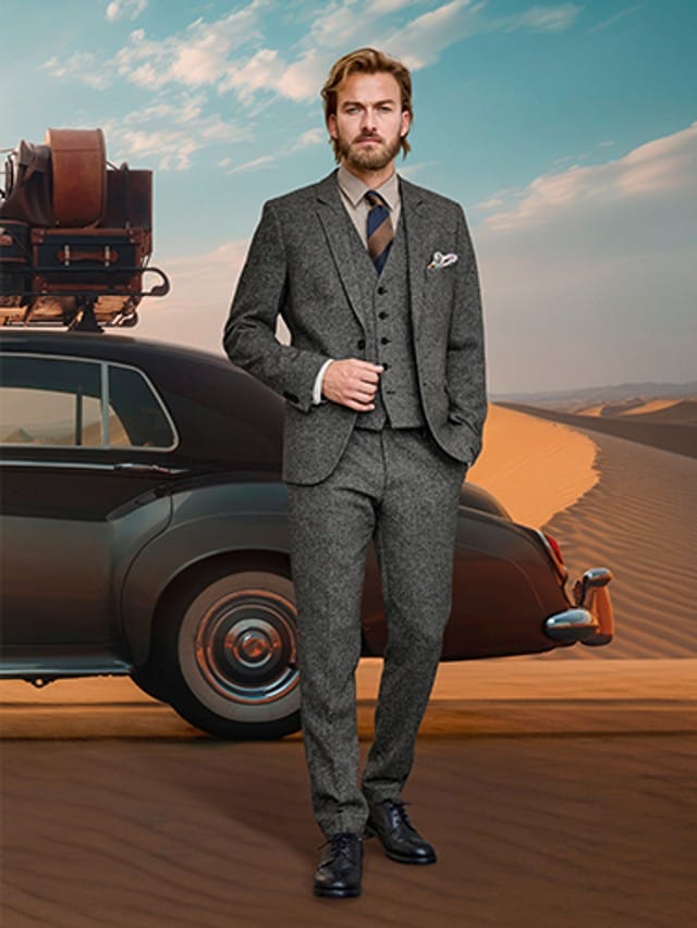 Ein elegant gekleideter Mann trägt einen grauen, dreiteiligen Anzug mit Hemd, gestreifter Krawatte und Einstecktuch vor der Kulisse eines Oldtimers in der Wüste