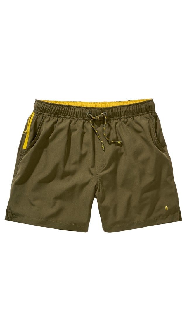 Die Abbildung zeigt eine olivgrüne Shorts mit gelbem Innenfutter und Kordelzug.

