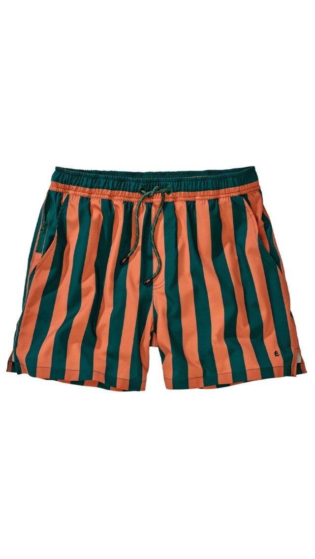 Die Abbildung zeigt eine gestreifte Shorts in Orange und Dunkelgrün mit Kordelzug.

