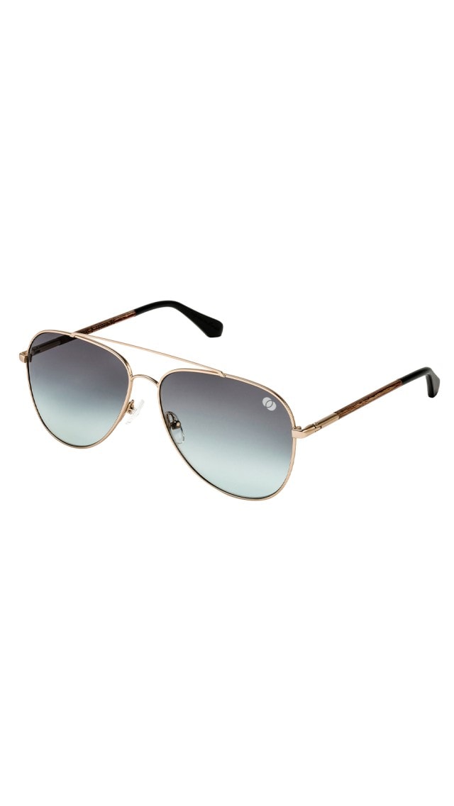 Die Abbildung zeigt eine Sonnenbrille mit goldfarbenem Gestell und dunkel getönten Gläsern.