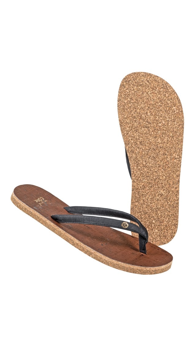Die Abbildung zeigt Flip-Flops mit einer Korksohle und schwarzen Riemen.