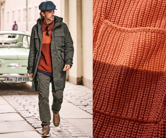 Ein Mann geht in herbstlicher Kleidung die Straße entlang, daneben sieht man eine Nahaufnahme seines Strickpullovers.