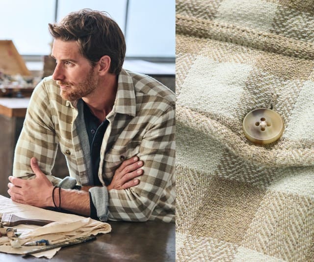 Ein Mann geht in herbstlicher Kleidung die Straße entlang, daneben sieht man eine Nahaufnahme seines Strickpullovers.