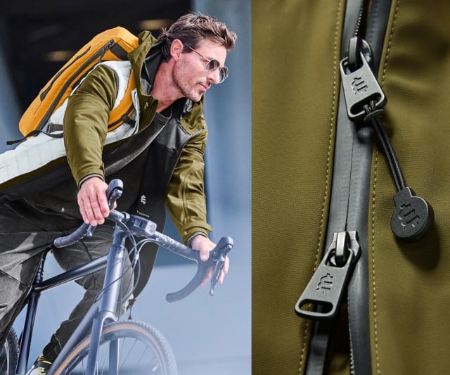Ein Mann fährt ein Fahrrad und trägt eine olivfarbene Funktionsjacke mit gelbem Rucksack, während rechts ein Nahdetail des Jackenreißverschlusses zu sehen ist.