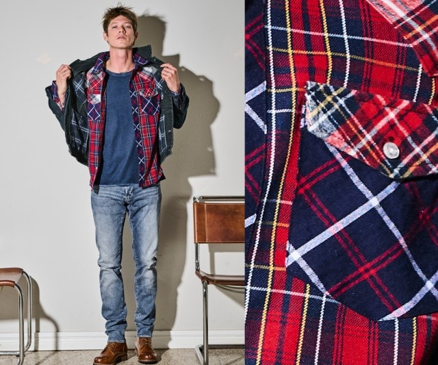 Auf dem Bild trägt ein Mann eine schwarze Lederjacke, ein rot-blau kariertes Hemd, ein dunkelblaues T-Shirt, eine hellblaue Jeans und braune Lederboots.