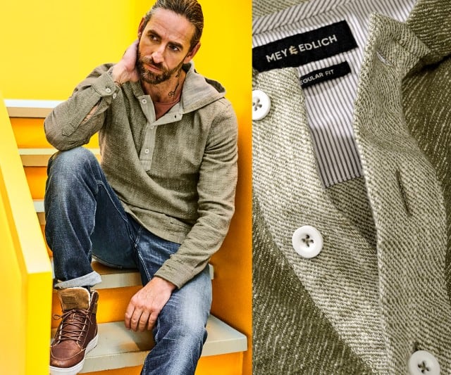 Ein Mann geht in herbstlicher Kleidung die Straße entlang, daneben sieht man eine Nahaufnahme seines Strickpullovers.