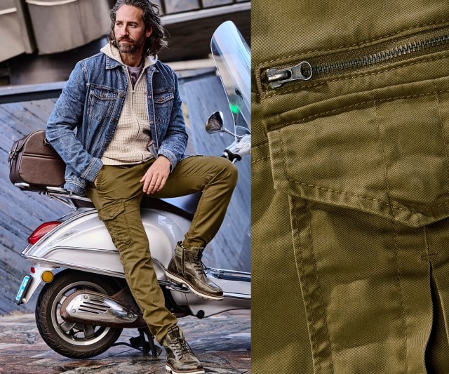 Ein Mann fährt ein Fahrrad und trägt eine olivfarbene Funktionsjacke mit gelbem Rucksack, während rechts ein Nahdetail des Jackenreißverschlusses zu sehen ist.