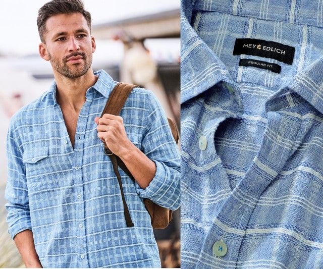 Ein Mann mit einem blauen kariertem Hemd trägt eine Ledertasche über seiner Schulter, daneben eine Detailaufnahme von dem Stoff des Hemde.