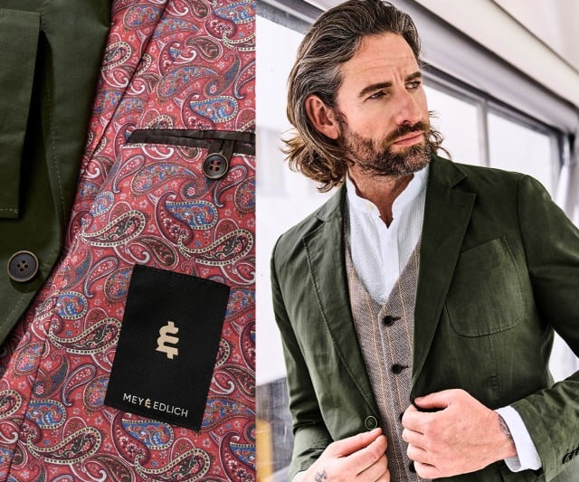 Ein Mann trägt ein grünes Sakko und darunter eine helle Weste, daneben ist eine Detailaufnahme von der gemusterten Innenseite des Sakkos.