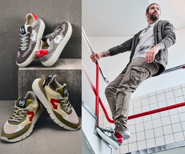 Zwei paar Sneaker sind auf dem linken Bild zu sehen, das rechte Bild zeigt einen Mann der ein paar Sneaker trägt und sich an einem Treppengeländer festhält.