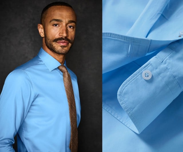 Das Bild zeigt einen Mann in einem hellblauen Hemd mit brauner Krawatte und einer Detailaufnahme des Hemdes.