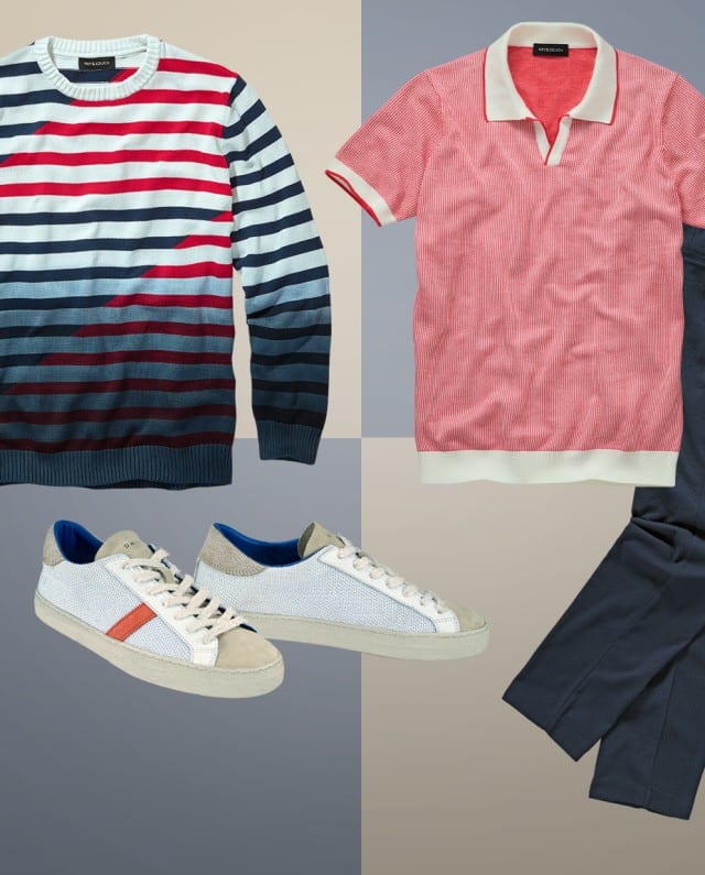 Das Bild zeigt ein Composing aus einem Pullover, einem Shirt, einer Hose und ein paar Sneaker.