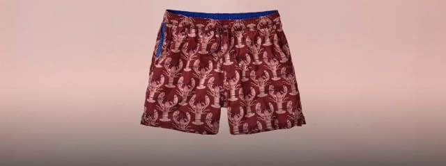 Auf dem Bild ist eine rot gemusterte Shorts mit Hummermotiv und blauem Bund vor einem hellen Hintergrund zu sehen.
