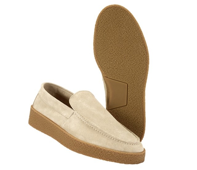 Sachabbildung von einem Paar hellbeiger Slipper aus Wildleder.