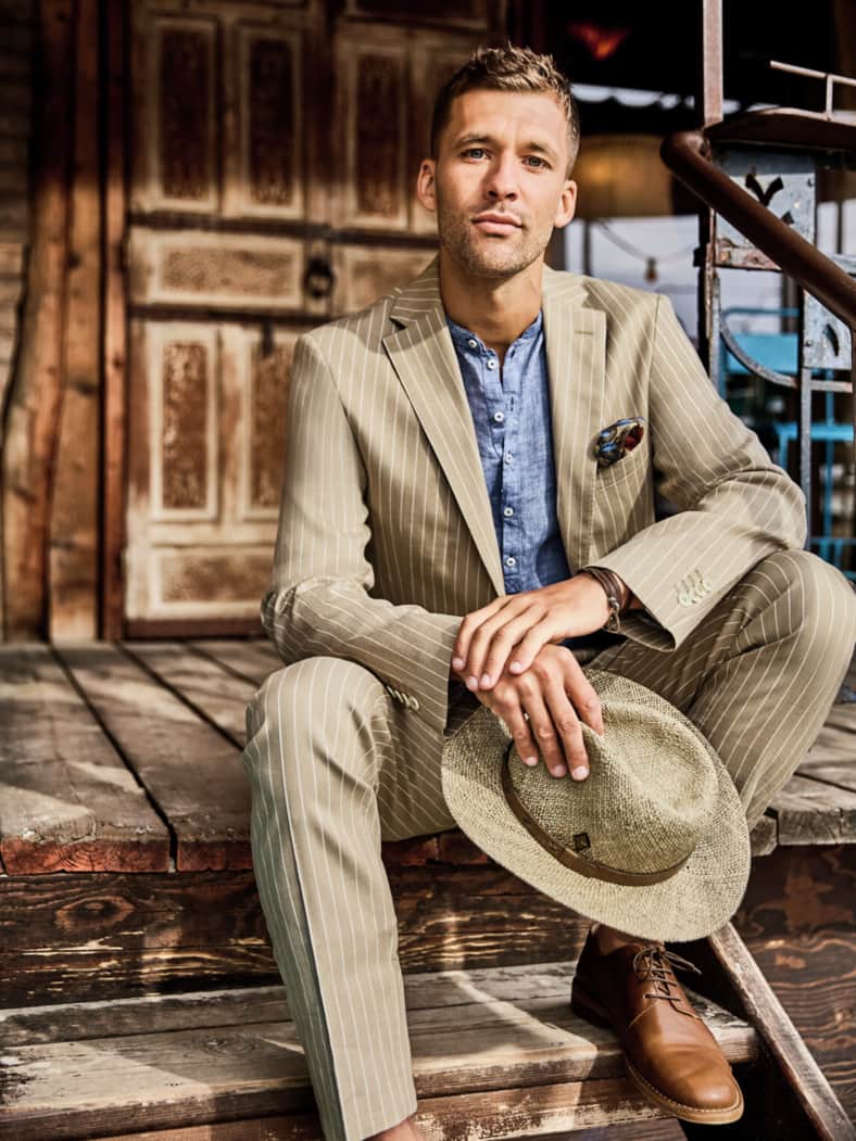 Kristallklare Leinenanzughose Streifen sandstein-beige