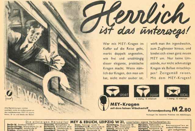 Werbeanzeige für MEY-Kragen mit einem Mann, der aus einem Zugfenster schaut, Text über die Vorteile der Kragen auf Reisen.