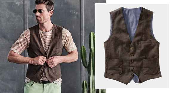 Mann mit Sonnenbrille trägt braune Weste über gestreiftem Shirt neben Bild der gleichen Weste.