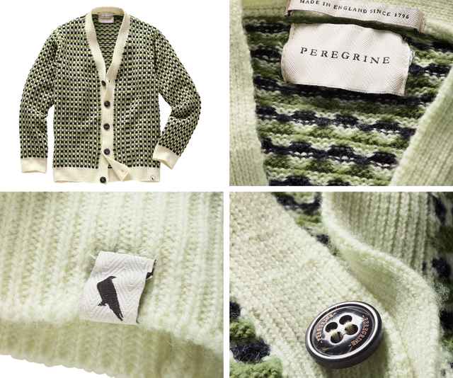 Auf dem Bild ist eine gestrickte Cardigan-Strickjacke der Marke Peregrine in grün-schwarzem Muster mit cremefarbenen Bündchen, Knöpfen und Labels in Detailaufnahmen zu sehen.