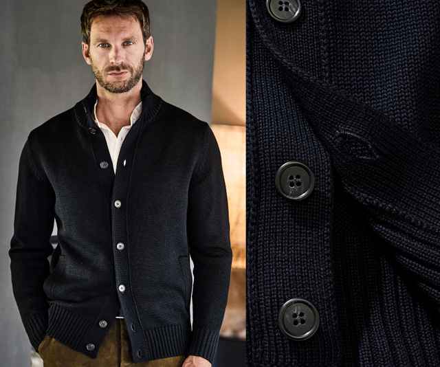 Auf dem Bild ist ein Mann zu sehen, der eine dunkelblaue, grob gestrickte Strickjacke mit Knopfleiste trägt, daneben eine Detailaufnahme der Knöpfe und des Strickmusters.