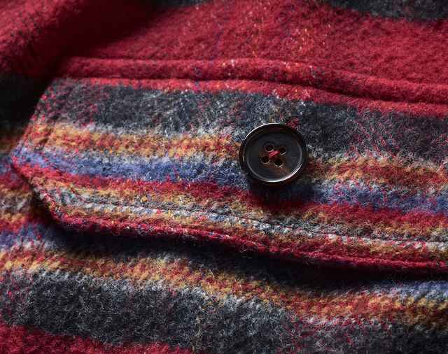 Auf dem Bild ist eine Nahaufnahme eines mehrfarbig karierten, wolligen Stoffes in Rot‑, Blau‑, Gelb‑ und Grautönen zu sehen, mit einer Knopfleiste und einem dunklen Knopf.