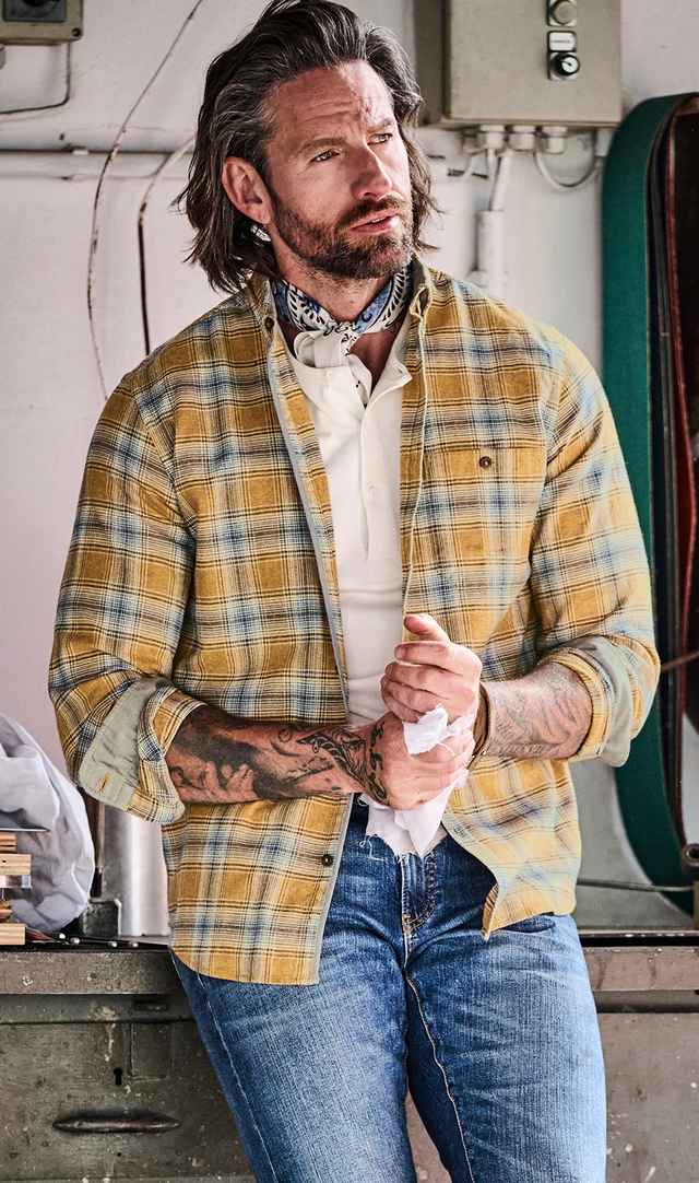 Mann mit braunem Haar und Bart trägt kariertes Hemd, T-Shirt, Jeans und Halstuch. Er steht in einer Werkstatt und schaut zur Seite.