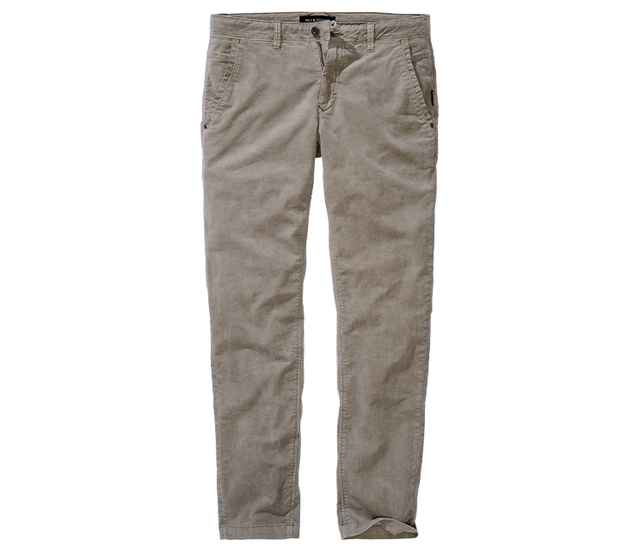 Beige Cordhose mit geradem Schnitt und Knopfleiste, vier Taschen und Gürtelschlaufen.