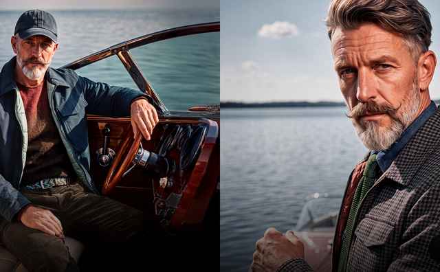 Ein Mann mit grauem Bart sitzt in einem Boot auf einem See und steht auf einem Pier. Er trägt eine Mütze und eine Jacke.