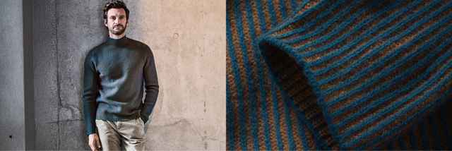 Ein Mann trägt einen dunkelgrünen Pullover. Nahaufnahme rechts zeigt gestreiften Stoff in Blau- und Brauntönen.