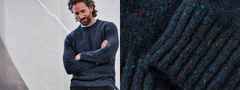 Mann in dunkelblauem Strickpullover neben Nahaufnahme des Pullovers mit feinem Strickmuster und bunten Akzenten.